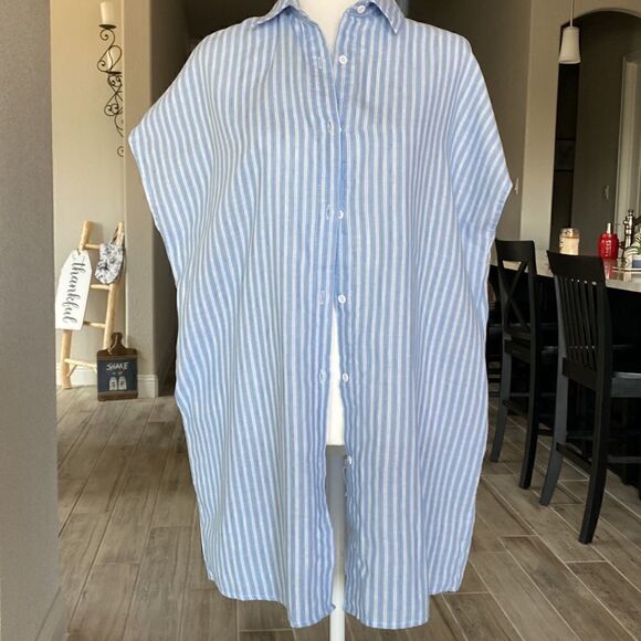EINA Striped Blue White Button Down Short Sleeves Shirt Dress Small Mini - Picture 1 of 13